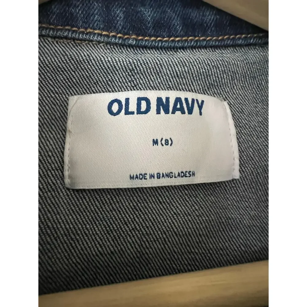 Old Navy Girls Denim Jacket Medium 8 Dark Blue Cropped Long Sleeve Button